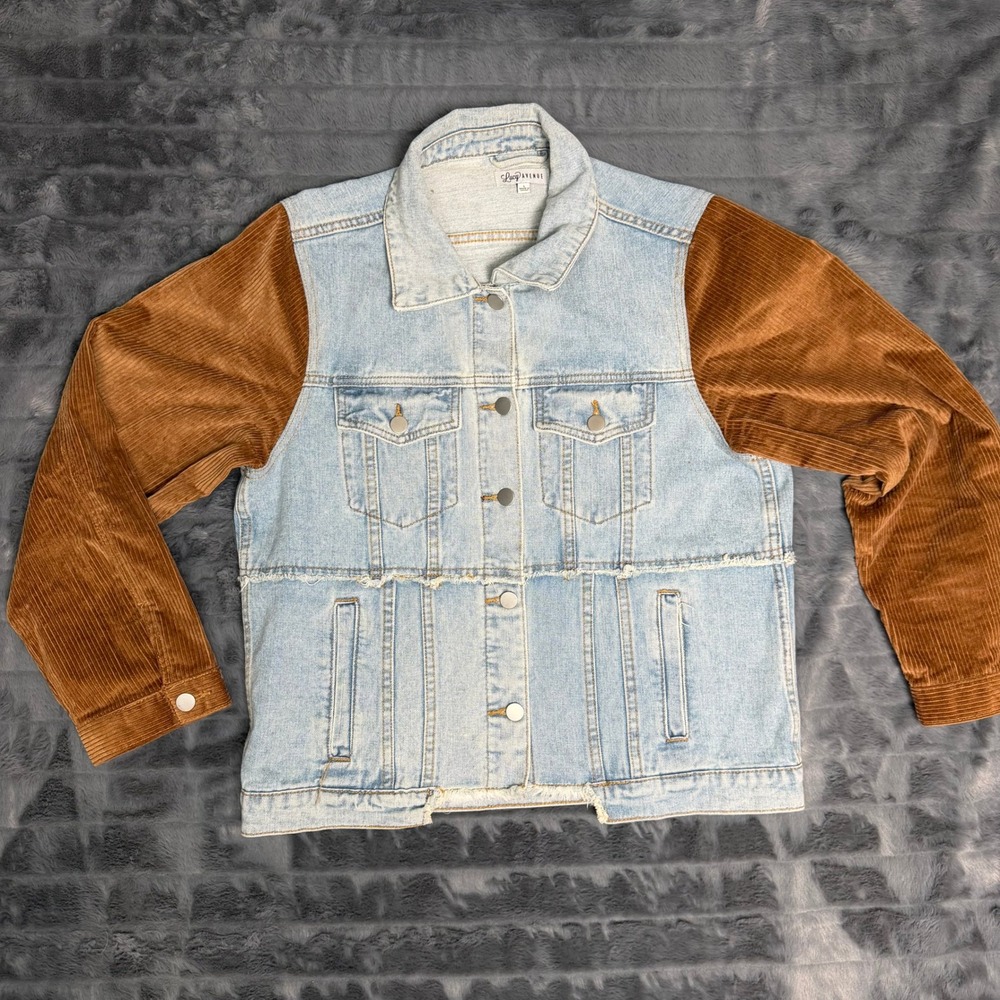 Lucy Avenue Denim Jacket Womens L Blue Brown Corduroy Sleeve Frayed Mixed Media